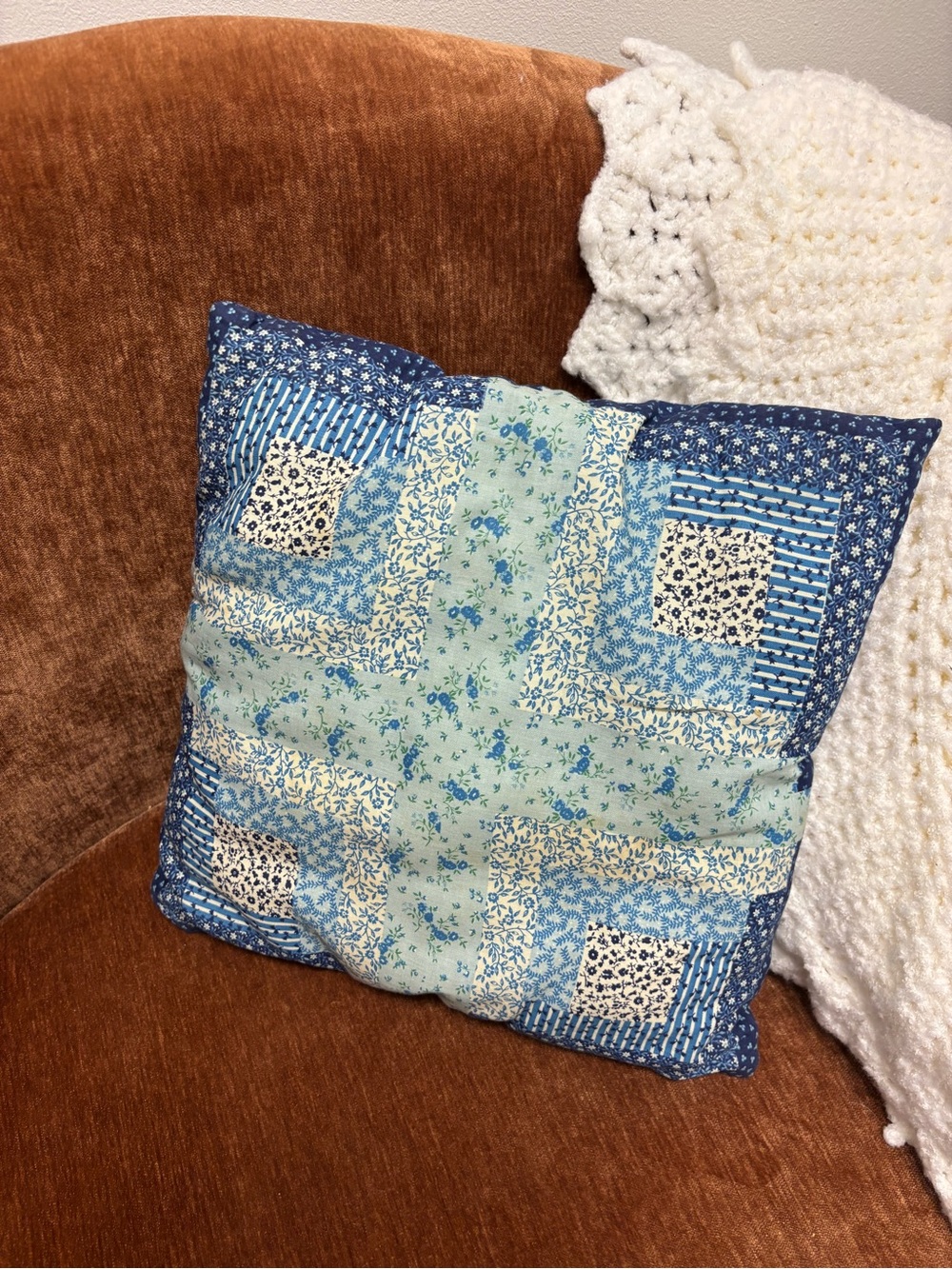 Blue Patchwork Floral Throw Pillow. - Vintage